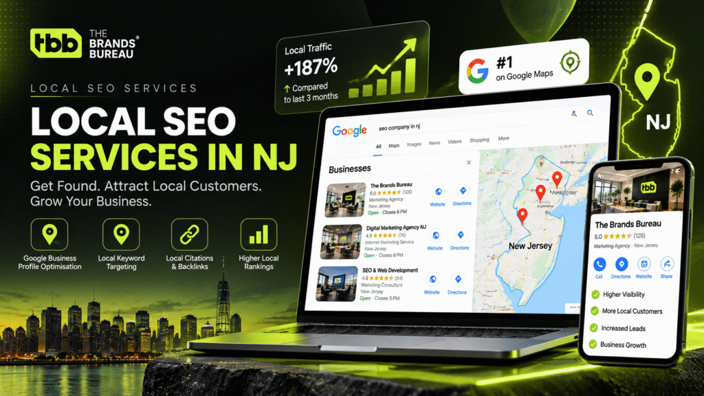 Local SEO services in NJ illustrated with Google Maps rankings, local business search visibility, and website traffic analytics.