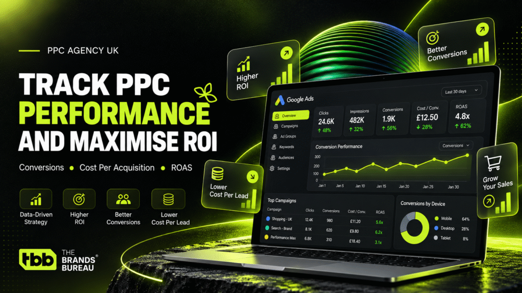 PPC agency UK specialist analysing Google Ads campaign performance, conversions, advertising costs, and return on investment.