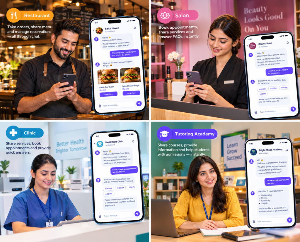 AI chat assistant used across four business types — restaurant order taking, salon appointment booking, clinic scheduling, and tutoring academy admissions