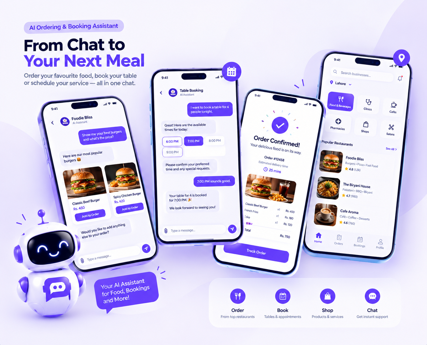 AI ordering and booking assistant chat interface showing food menu, table booking, and order confirmation on mobile app screens