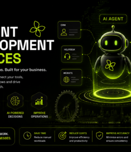 AI agent development services for UK businesses with futuristic AI graphics and neon green technology accents