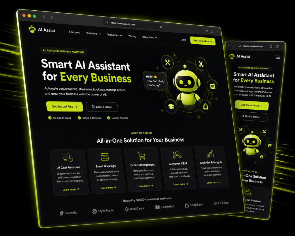 AI Assist desktop and mobile website mockup showing smart business assistant homepage with chatbot, bookings, order management, and CRM features